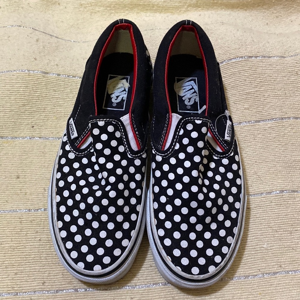 Black and white polka dot Vans Slip ins